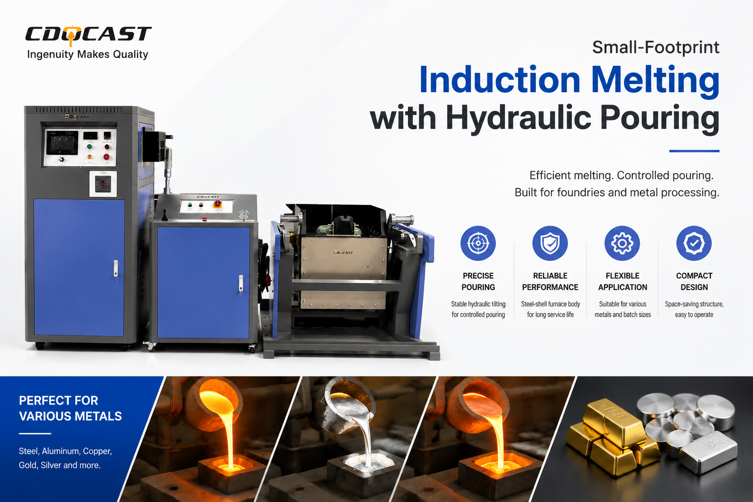 Hydraulic titling Small Induction Furnace hydraulic tilting small induction furnace system and pouring structure